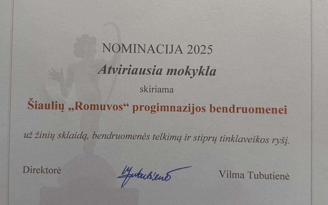 Šiaulių „Romuvos“ progimnazija apdovanota kaip atviriausia mokykla 2025!